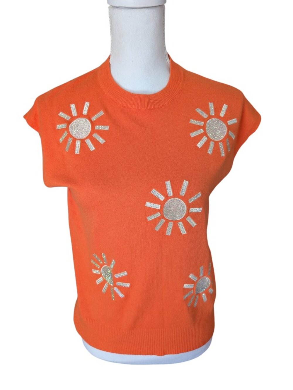 On Twelfth Sweater Cap Sleeve Orange With Silver Sequin Sunbursts Size M